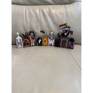 VTG Happy Halloween Letter Block Shelf Decor Witch Ghost Vampire Bats